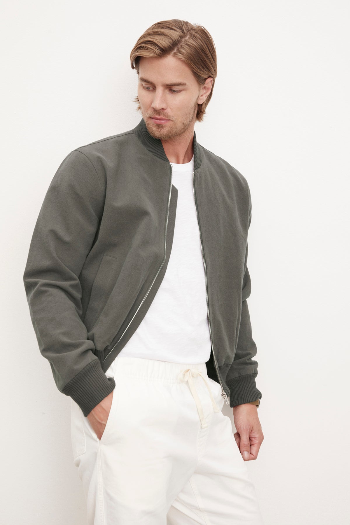 A man in a Velvet by Graham & Spencer Garner Linen Blend Bomber Jacket.-36009936978113