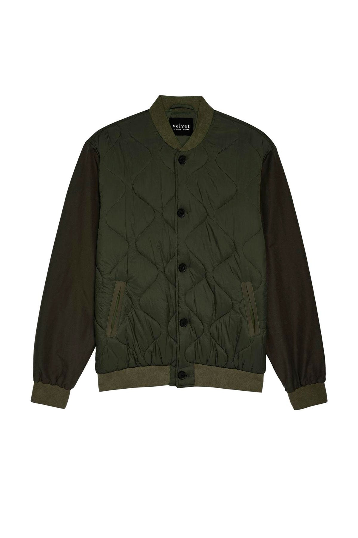 The Velvet by Graham & Spencer MAISON QUILTED JACKET in olive green and black with a quilted nylon body.-35678690705601