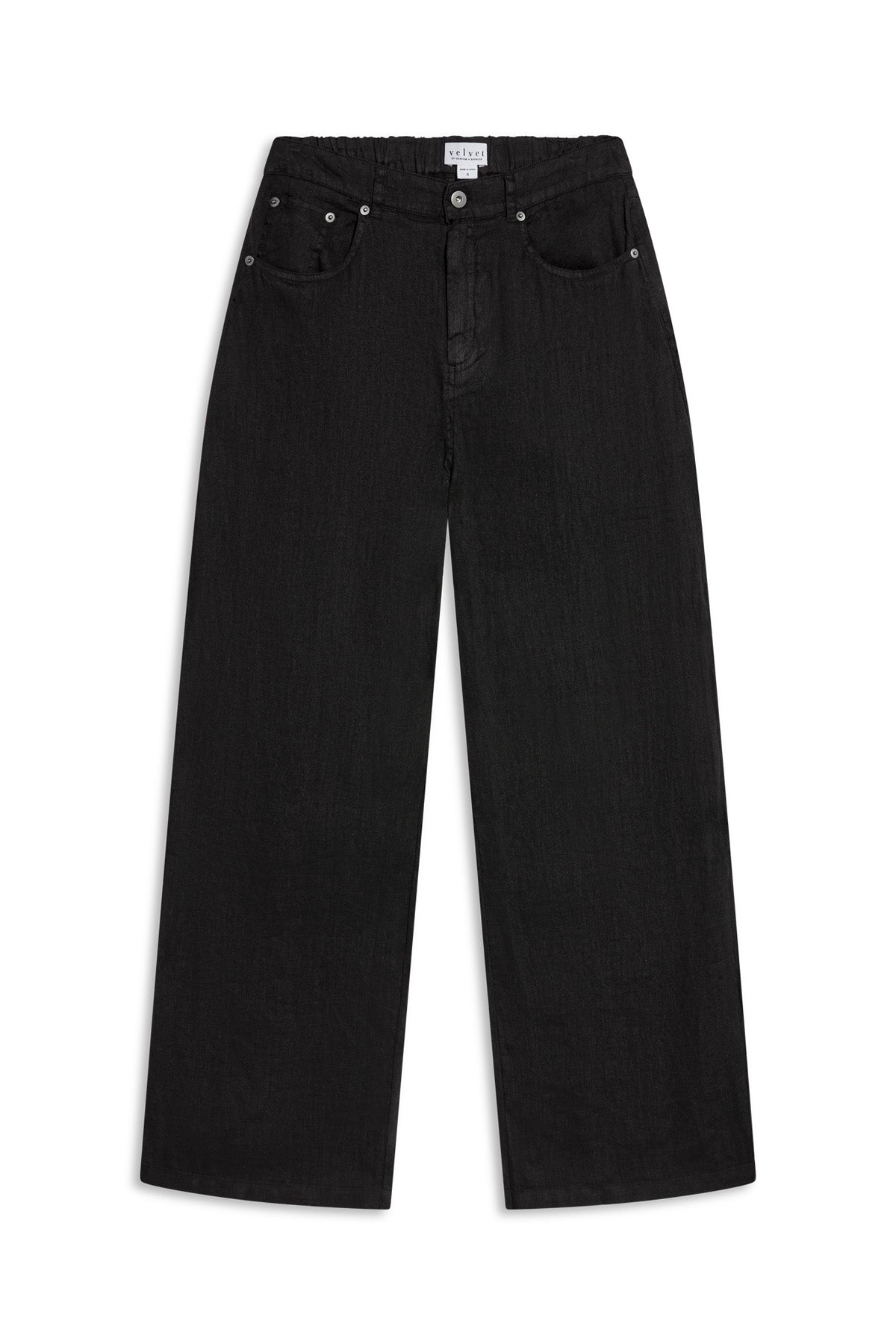 Black wide-leg PENELOPE LINEN PANT with a button fly and an elastic waistband.-46422298034369