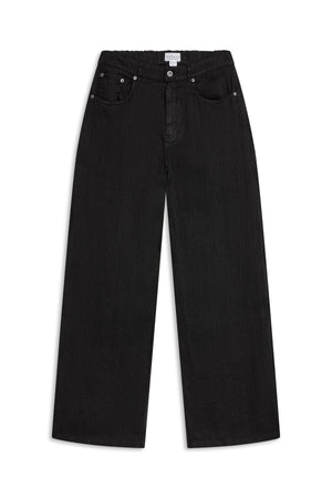 Black wide-leg PENELOPE LINEN PANT with a button fly and an elastic waistband.