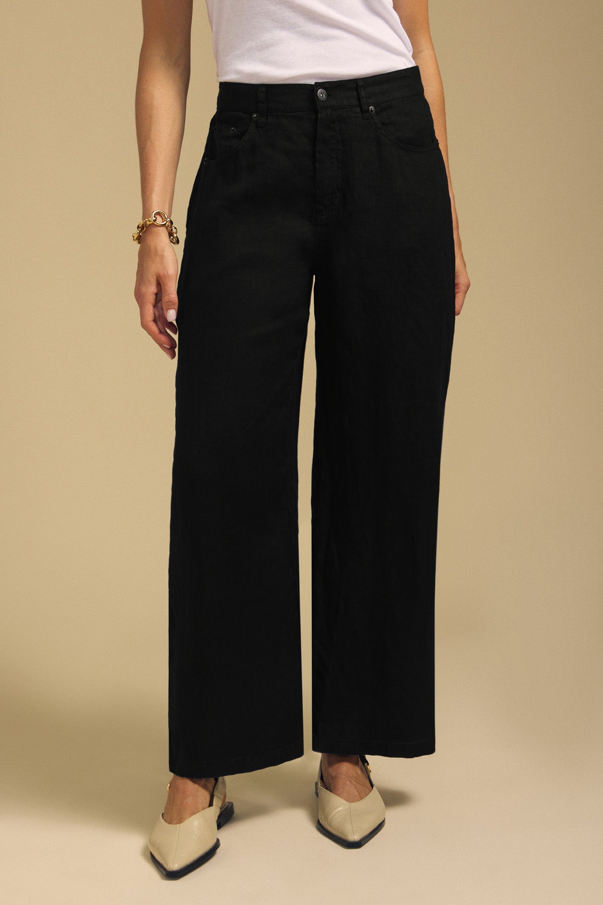 Velvet by Graham & Spencer PENELOPE LINEN PANT: high-waisted black wide-leg linen pants worn with a white t-shirt and pointed-toe flats.-46422297968833
