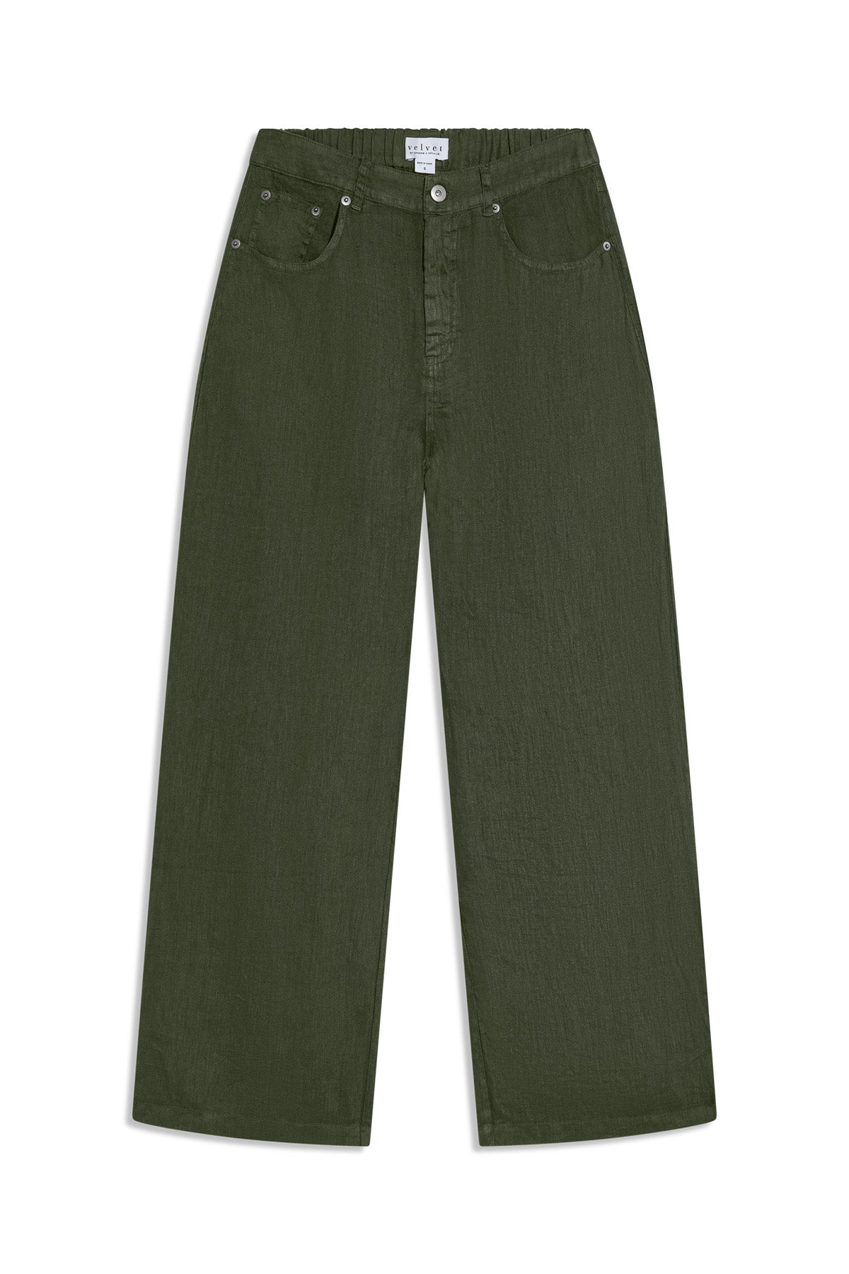 Velvet by Graham & Spencer PENELOPE LINEN PANT in olive green, featuring a wide-leg fit, elastic waistband, five-pocket styling, and a button-fly closure.-46422297936065