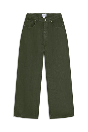 Velvet by Graham & Spencer PENELOPE LINEN PANT in olive green, featuring a wide-leg fit, elastic waistband, five-pocket styling, and a button-fly closure.