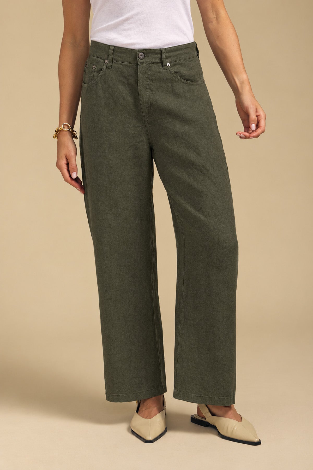 Olive green wide-leg PENELOPE LINEN PANT by Velvet by Graham & Spencer with a button fly, worn with a white t-shirt and pointed-toe flats.