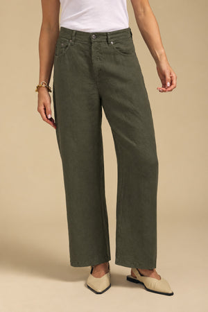 Olive green wide-leg PENELOPE LINEN PANT by Velvet by Graham & Spencer with a button fly, worn with a white t-shirt and pointed-toe flats.