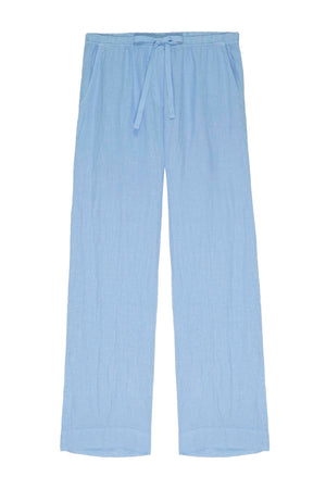 Light blue relaxed fit PICO LINEN PANTS with a drawstring waist, displayed against a white background by Velvet by Jenny Graham.