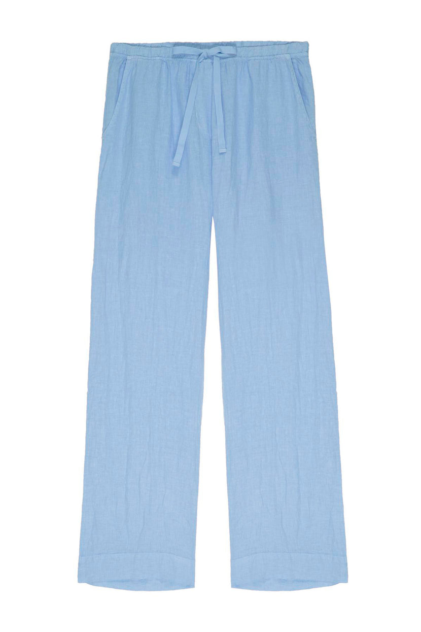 Light blue linen PICO PANT with a relaxed fit, isolated on a white background by Velvet by Jenny Graham.