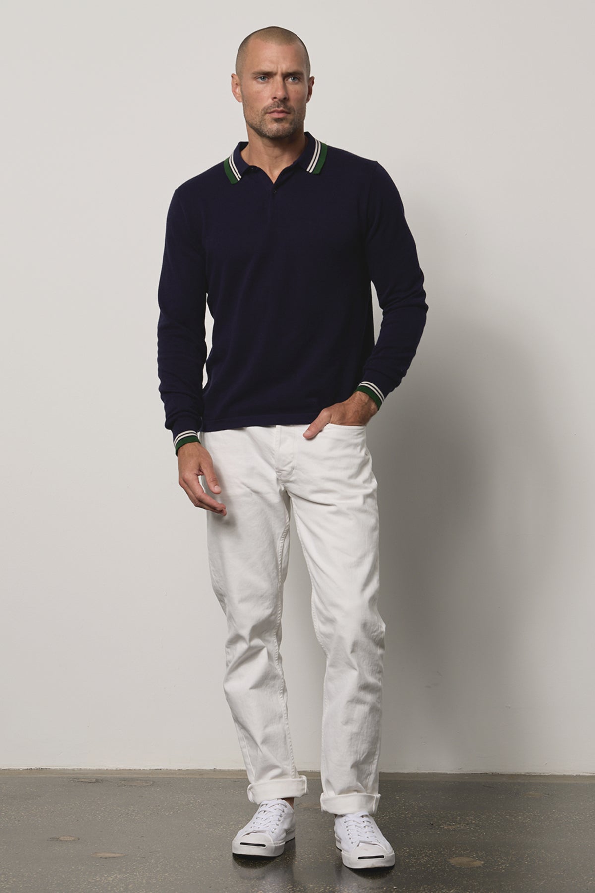 Danny Pique Polo in navy with white denim full length front-26496355401921