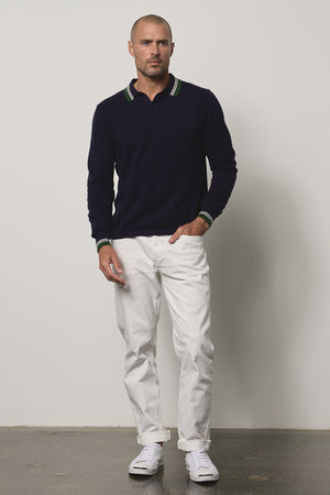Danny Pique Polo in navy with white denim full length front
