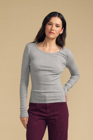 Front view of MIRIAM POINTELLE RIBBED SCOOP NECK TEE showcasing gray ribbed knit and scoop neckline against beige background