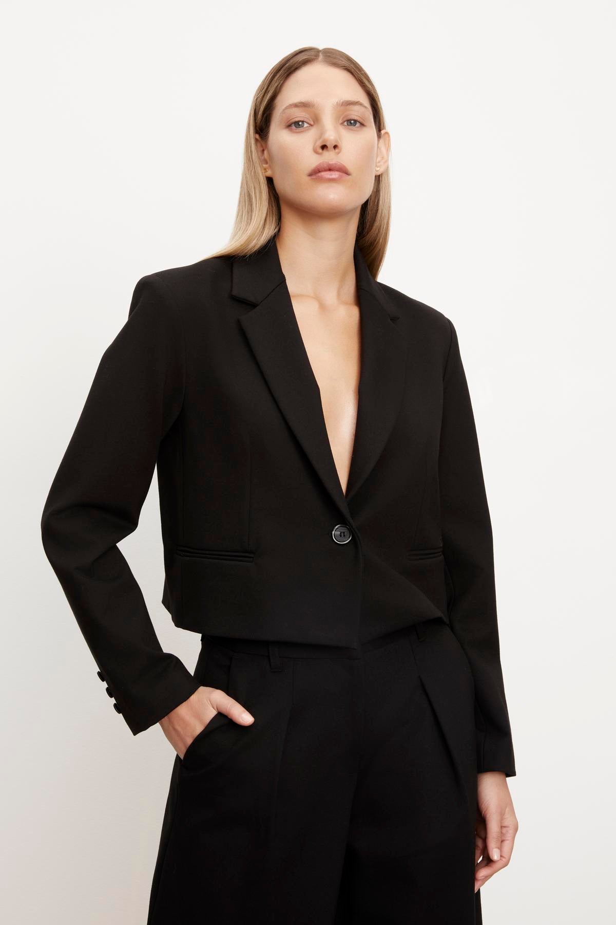 The model is wearing a black Velvet by Graham & Spencer Anya Ponti Cropped Blazer.-35655683539137