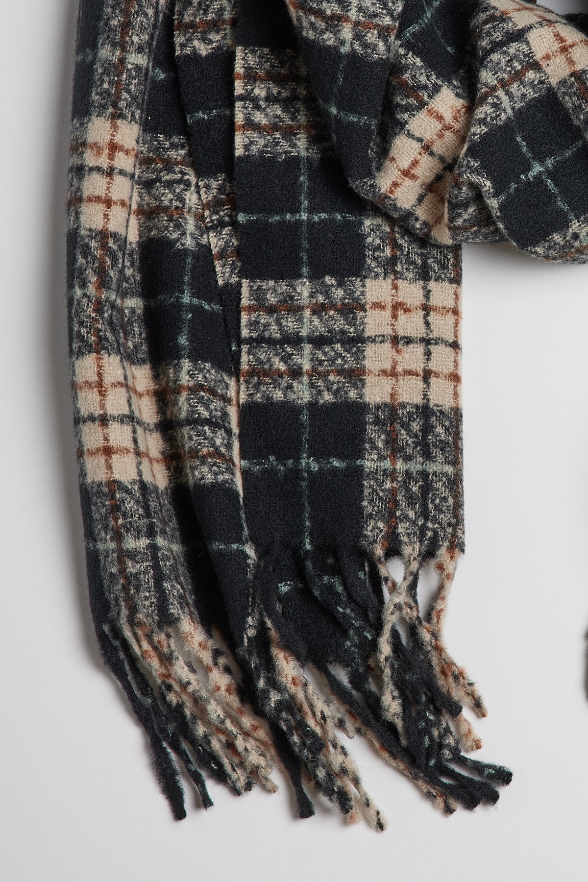 A PORTLAND PLAID SCARF by Velvet by Graham & Spencer with fringe ends, a classic accessory, on a white surface.-35211063296193