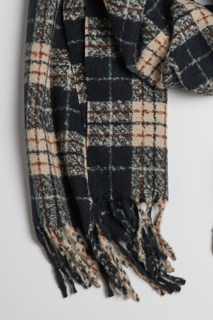 A PORTLAND PLAID SCARF by Velvet by Graham & Spencer with fringe ends, a classic accessory, on a white surface.