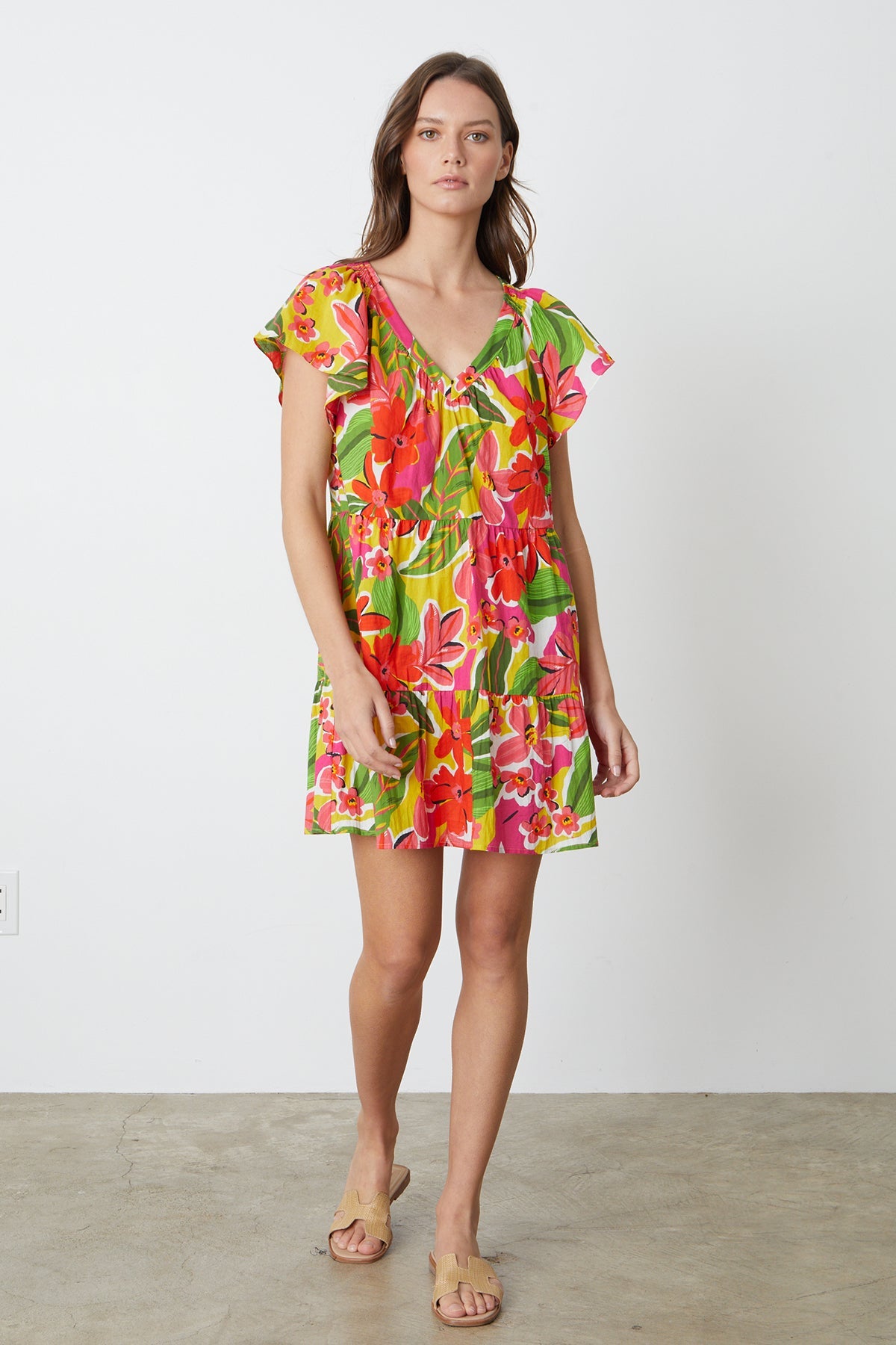 Maeve Tiered Dress in bold floral aloha print with reds, hot pinks and greens full length front -26715345322177
