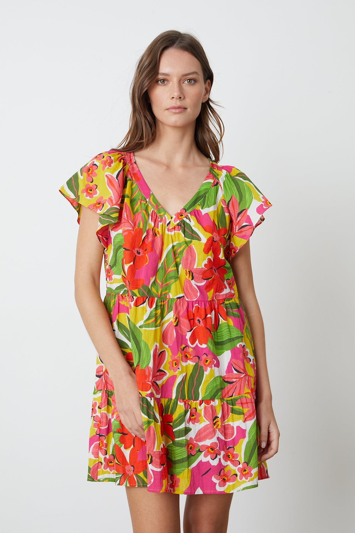 Maeve Tiered Dress in bold floral aloha print with reds, hot pinks and greens front-26715345453249