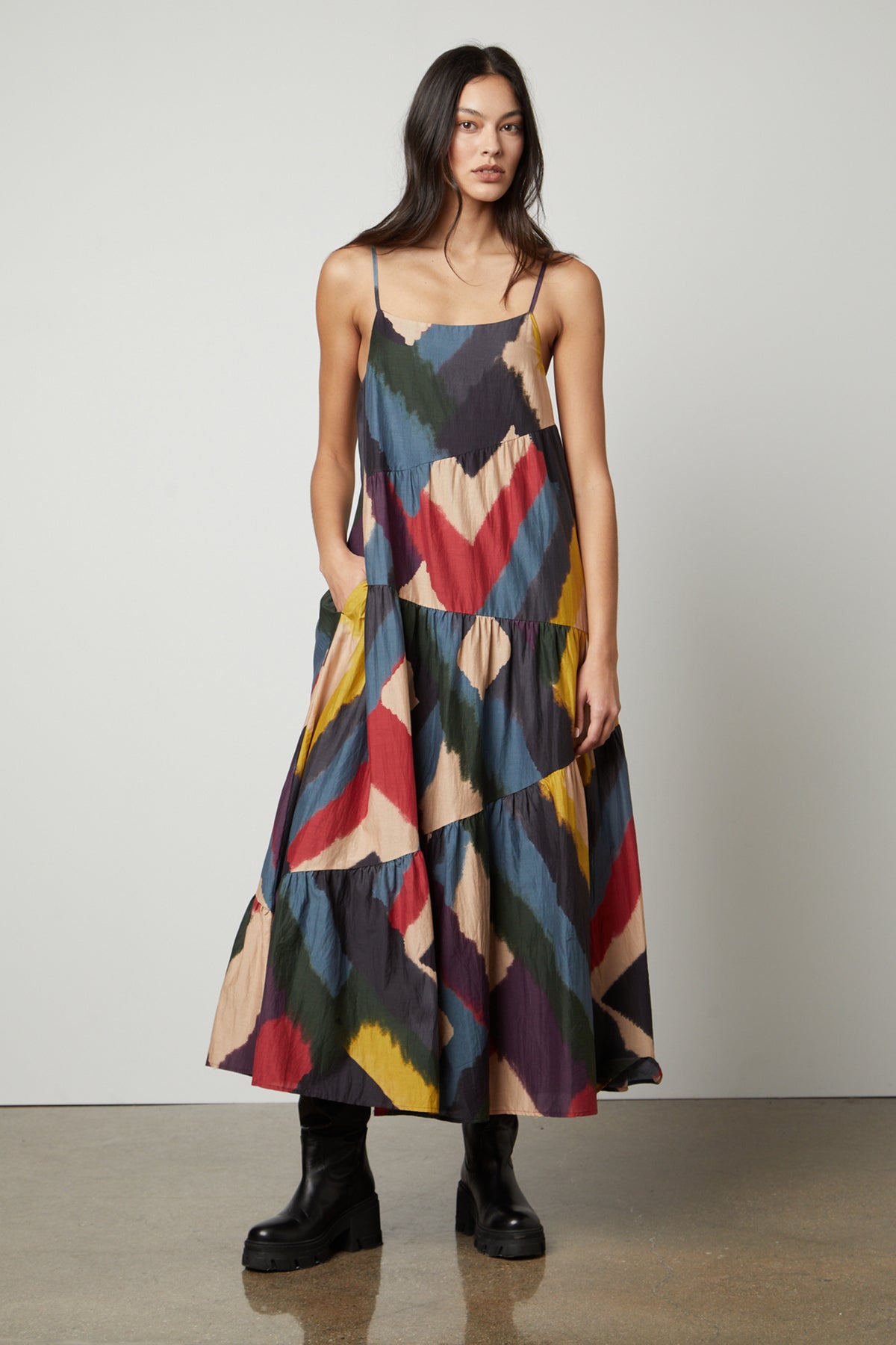 A woman wearing a Velvet by Graham & Spencer MARYANN PRINTED MAXI DRESS.-26861400326337