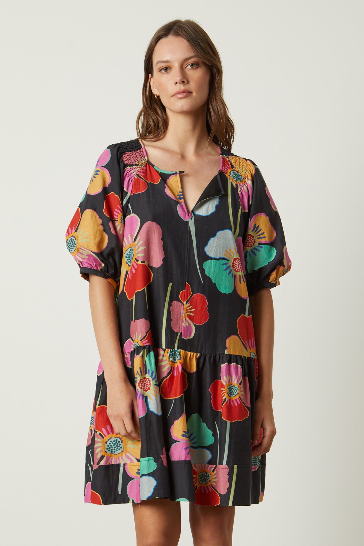   a woman wearing a Velvet by Graham & Spencer RACHEL PRINTED DRESS. 