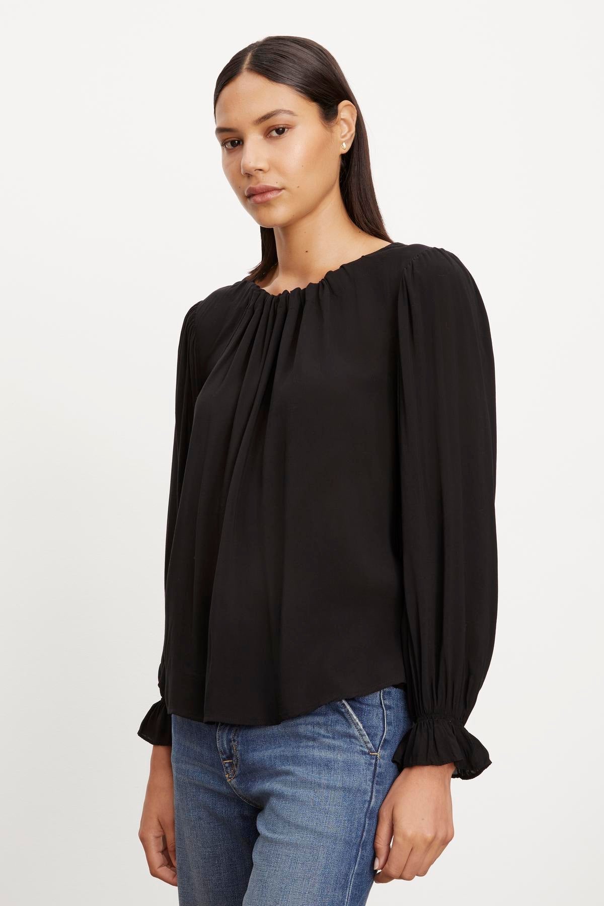   Luxurious BRISTOL NECK TIE TOP blouse made of rayon challis fabric, by Velvet by Graham & Spencer. 