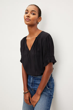 Velvet by Graham & Spencer CALISSA SPLIT NECK BLOUSE in rayon challis fabric.