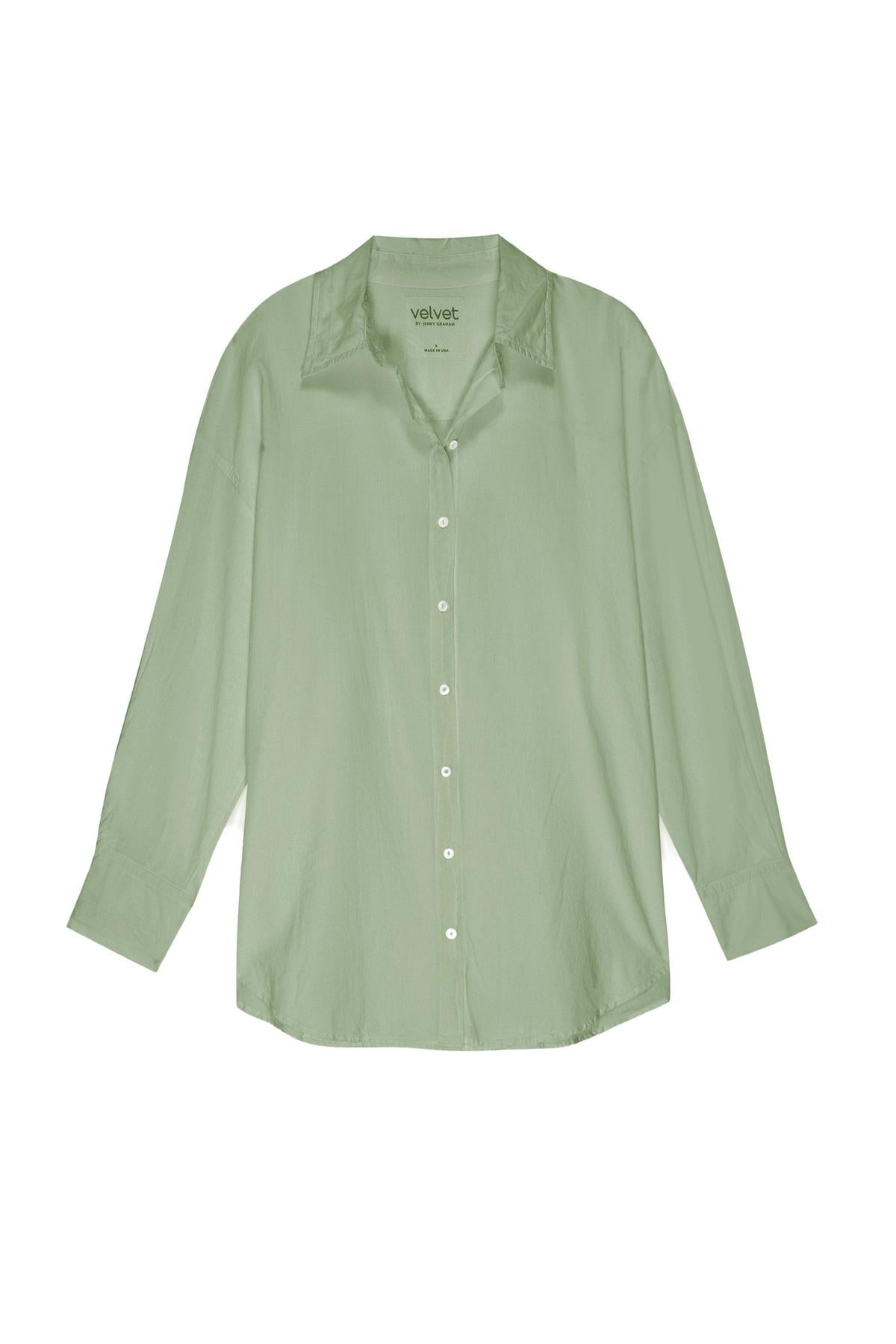   An oversized women's Redondo Button-Up Shirt in sage green by Velvet by Jenny Graham. 