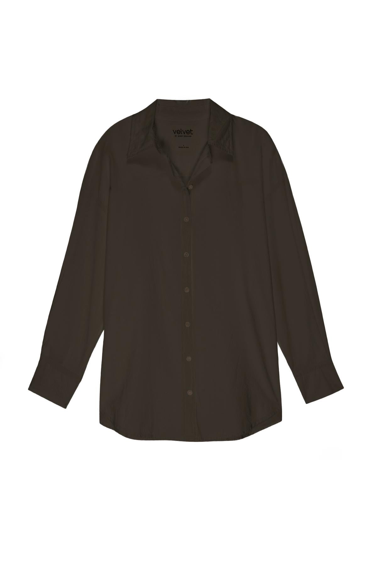   A soft cotton shirting women's oversized brown Velvet by Jenny Graham REDONDO BUTTON-UP SHIRT with a borrowed-from-the-boys silhouette. 