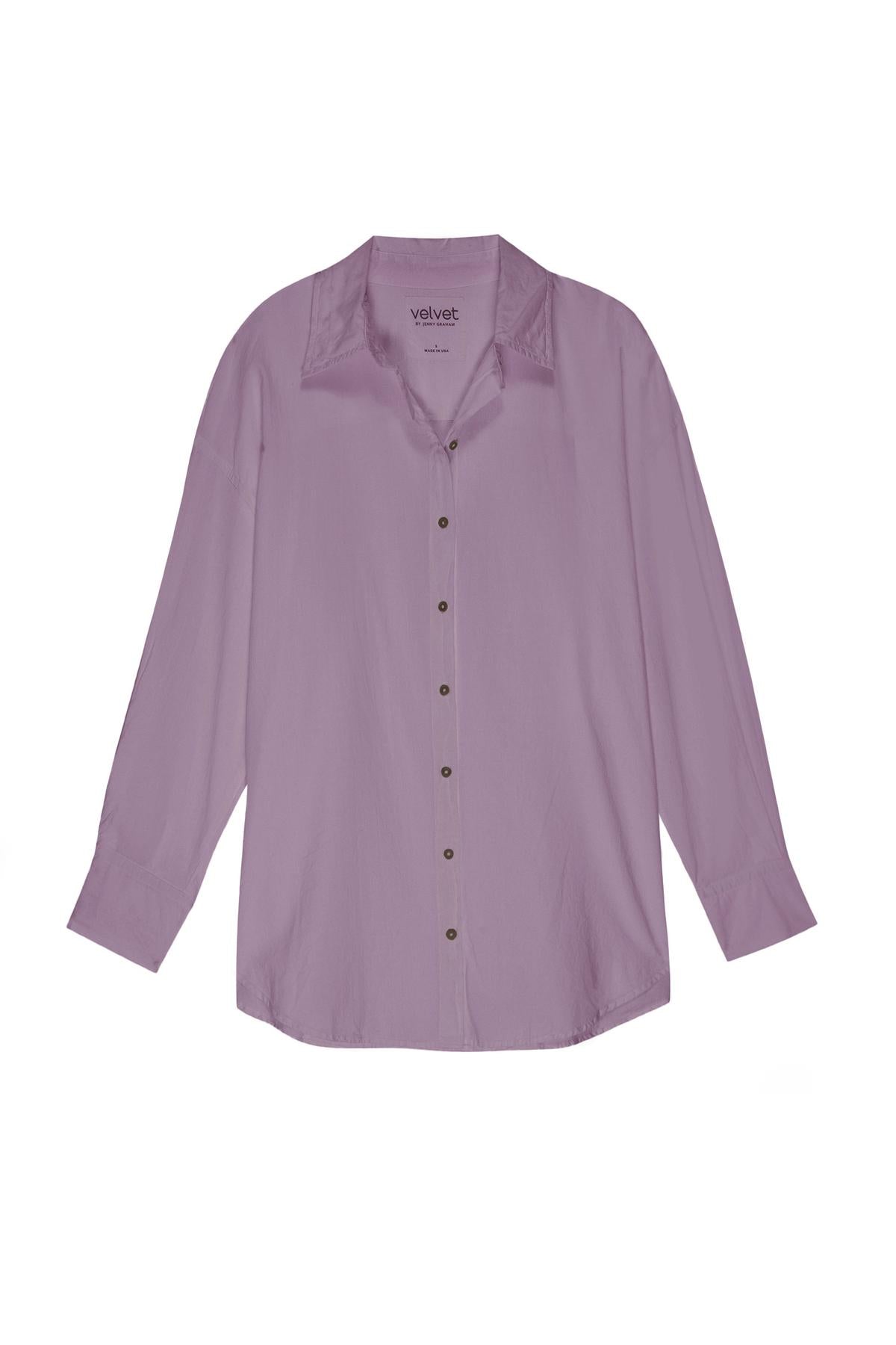   An oversized women's Velvet by Jenny Graham REDONDO BUTTON-UP SHIRT with a borrowed-from-the-boys silhouette and buttons down the front. 