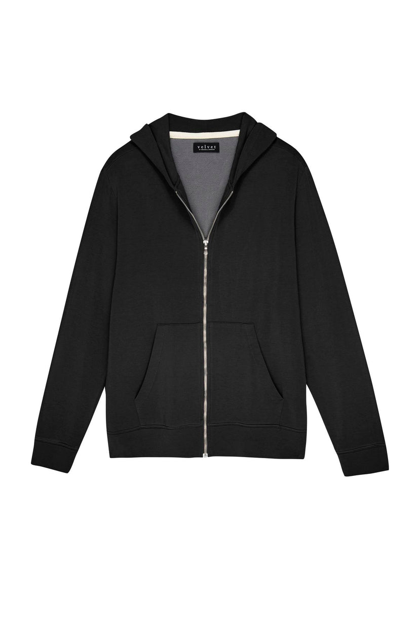 The RODAN HOODIE by Velvet by Graham & Spencer is a plain black zip-up hoodie featuring a front pocket, drawstring hood, and a cozy brushed interior.