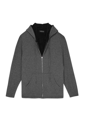 The SALVADORE HOODIE by Velvet by Graham & Spencer is a dark gray zip-up hoodie with front pockets and an adjustable drawstring hood, shown laid flat on a white background.
