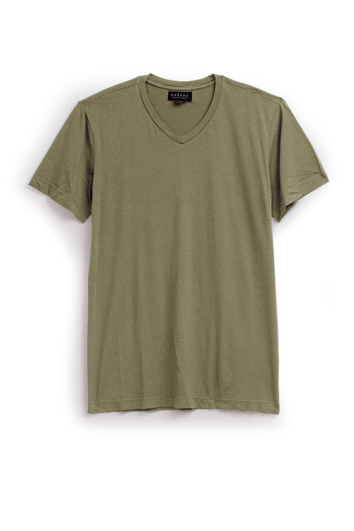   The SAMSEN TEE by Velvet by Graham & Spencer is an olive green V-neck T-shirt made from soft Pima jersey, ideal for layering, shown on a white background. 