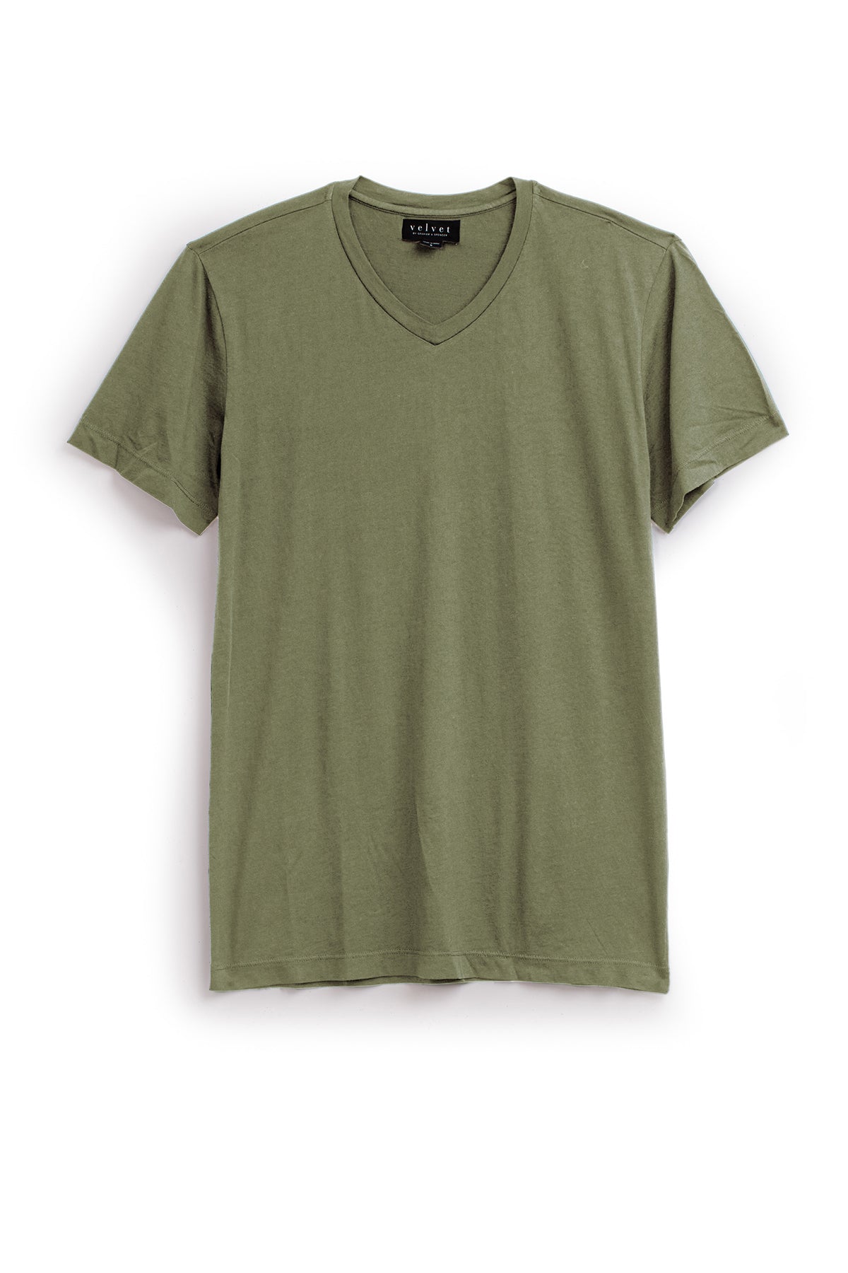   The SAMSEN TEE by Velvet by Graham & Spencer is an olive green V-neck crafted from soft Pima jersey, ideal for layering against a crisp white background. 