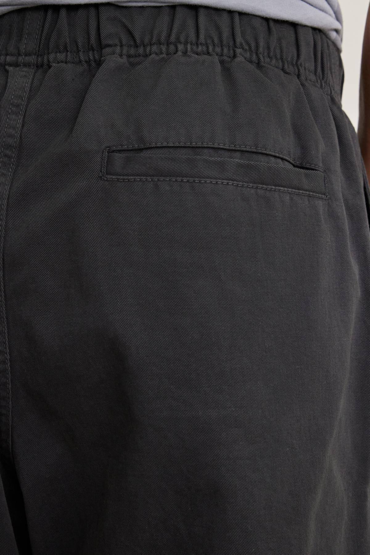   Close-up of a person wearing the BRANSON PANT by Velvet by Graham & Spencer, crafted from cotton sanded twill with a visible back pocket and an elastic drawstring waist. 