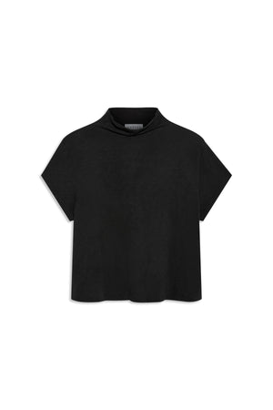 Black SAVI TEE boxy short-sleeved top with a relaxed turtleneck.