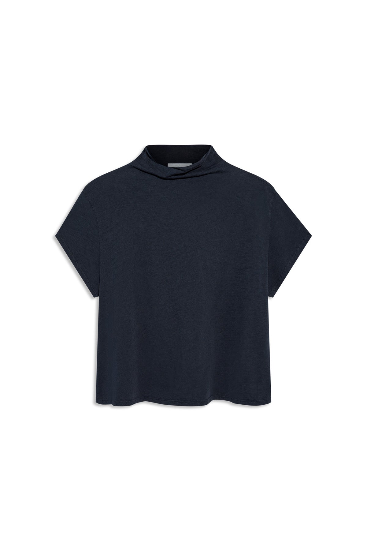 Navy blue SAVI TEE short-sleeve top in a cotton slub with a relaxed turtleneck and boxy silhouette.