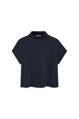 Navy blue SAVI TEE short-sleeve top in a cotton slub with a relaxed turtleneck and boxy silhouette.