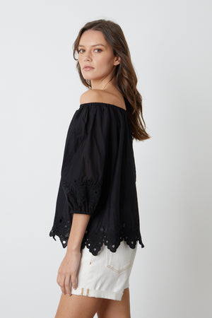 Off the shoulder ABIGAIL SCHIFFLI EYELET BLOUSE - black. (Brand: Velvet by Graham & Spencer)