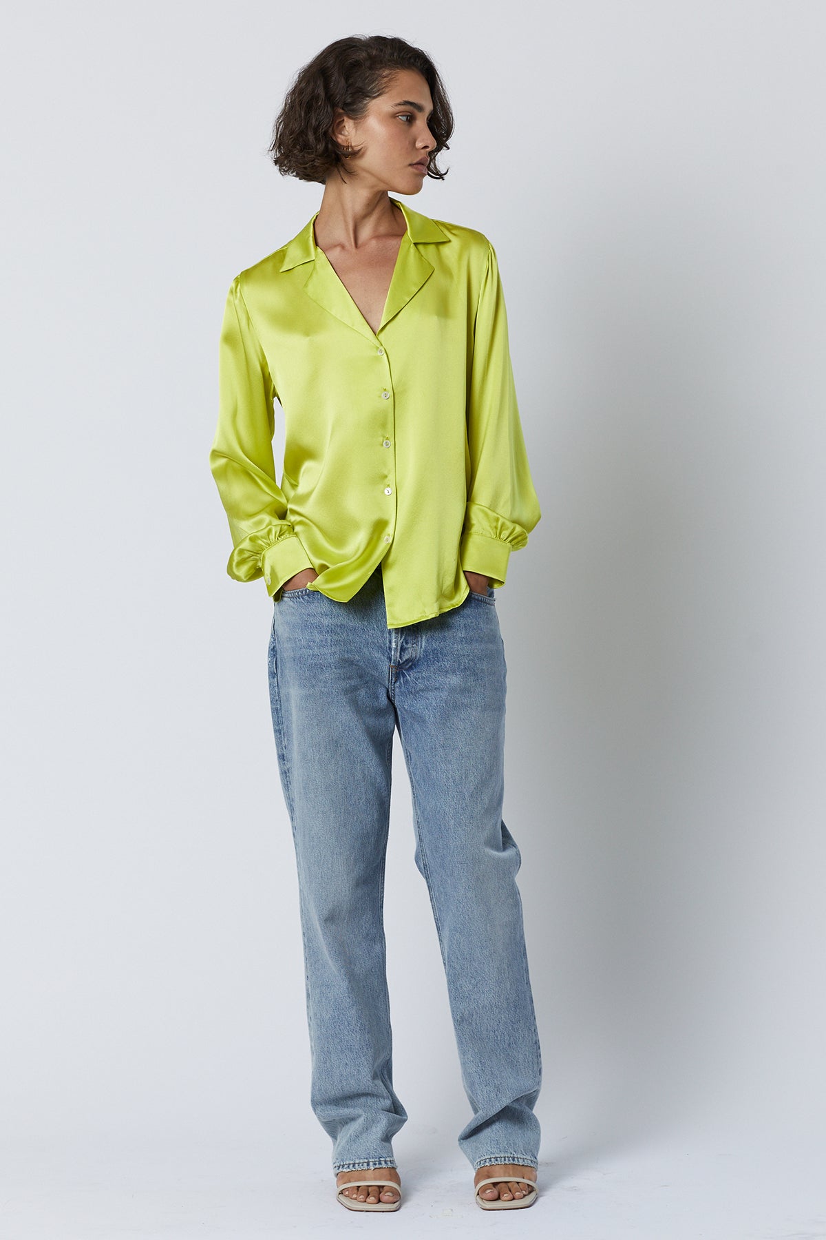 Soho Top in lime with blue denim full length front-35496375156929