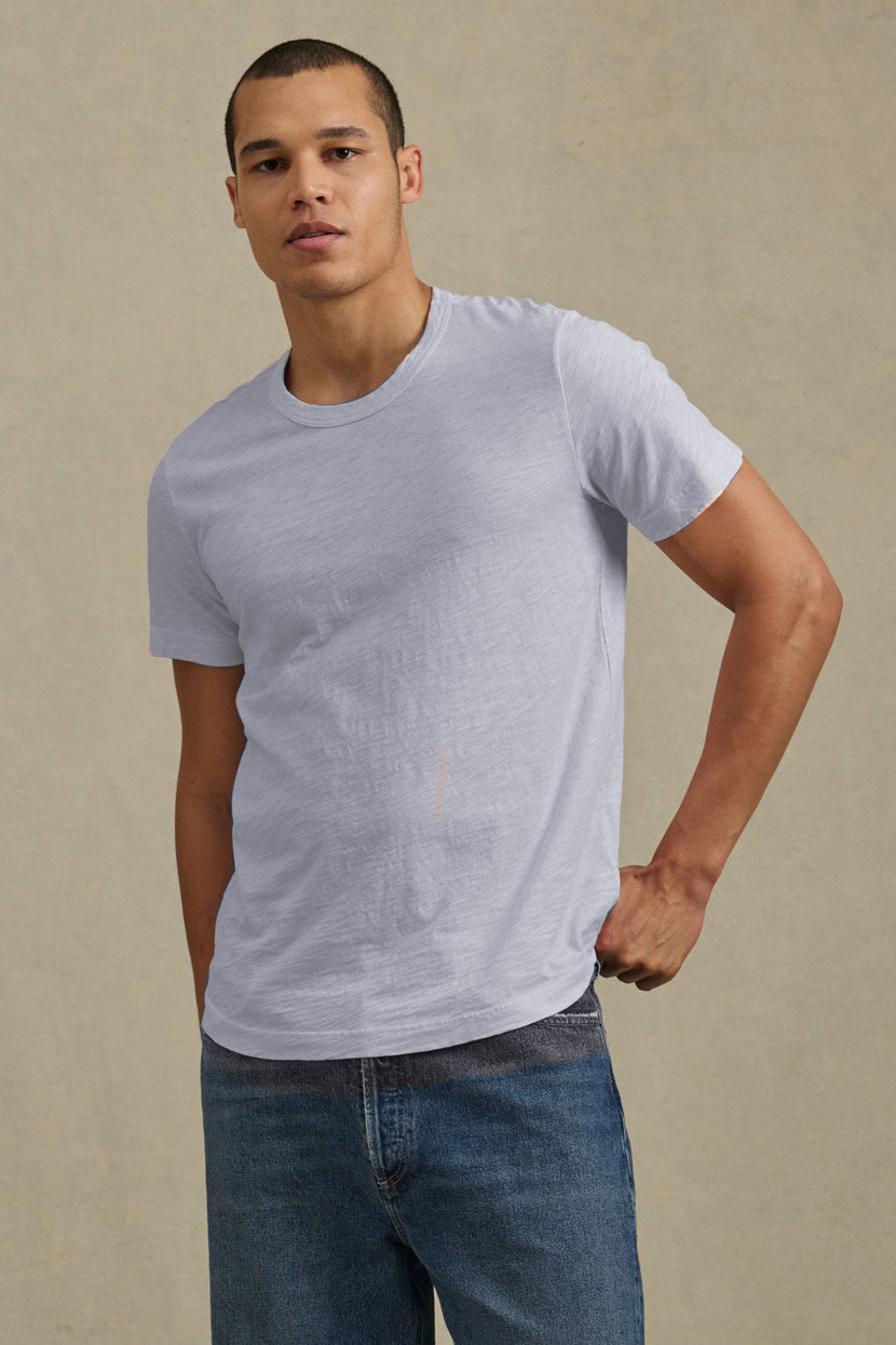 A person stands in front of a plain background wearing the AMARO TEE by Velvet by Graham & Spencer, a light gray crew neck t-shirt, paired with blue jeans and one hand on their hip.