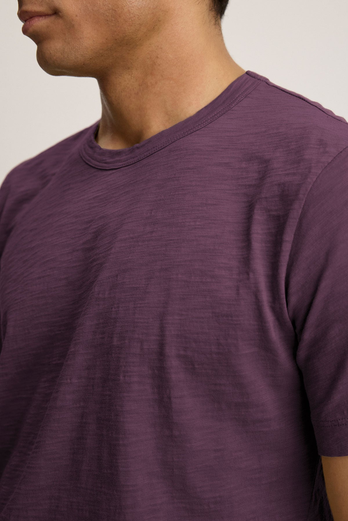   A person is shown from shoulders to waist, slightly turned to the side, wearing a purple AMARO TEE from Velvet by Graham & Spencer. This lightweight cotton tee with a crew neckline is versatile and perfect for layering with any outfit. 