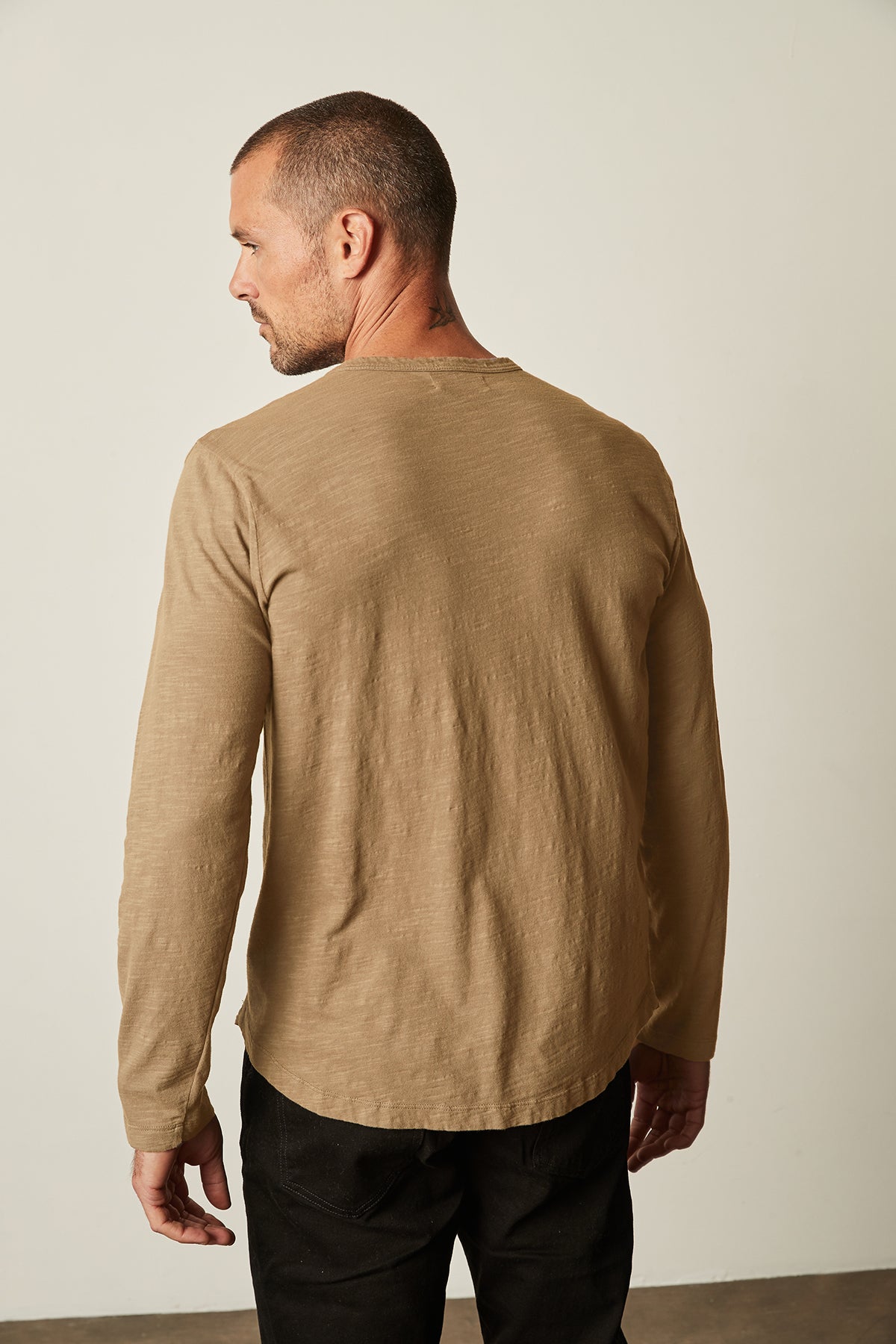   Kai Crew Neck Long Sleeve Tee in camel color with black denim back 