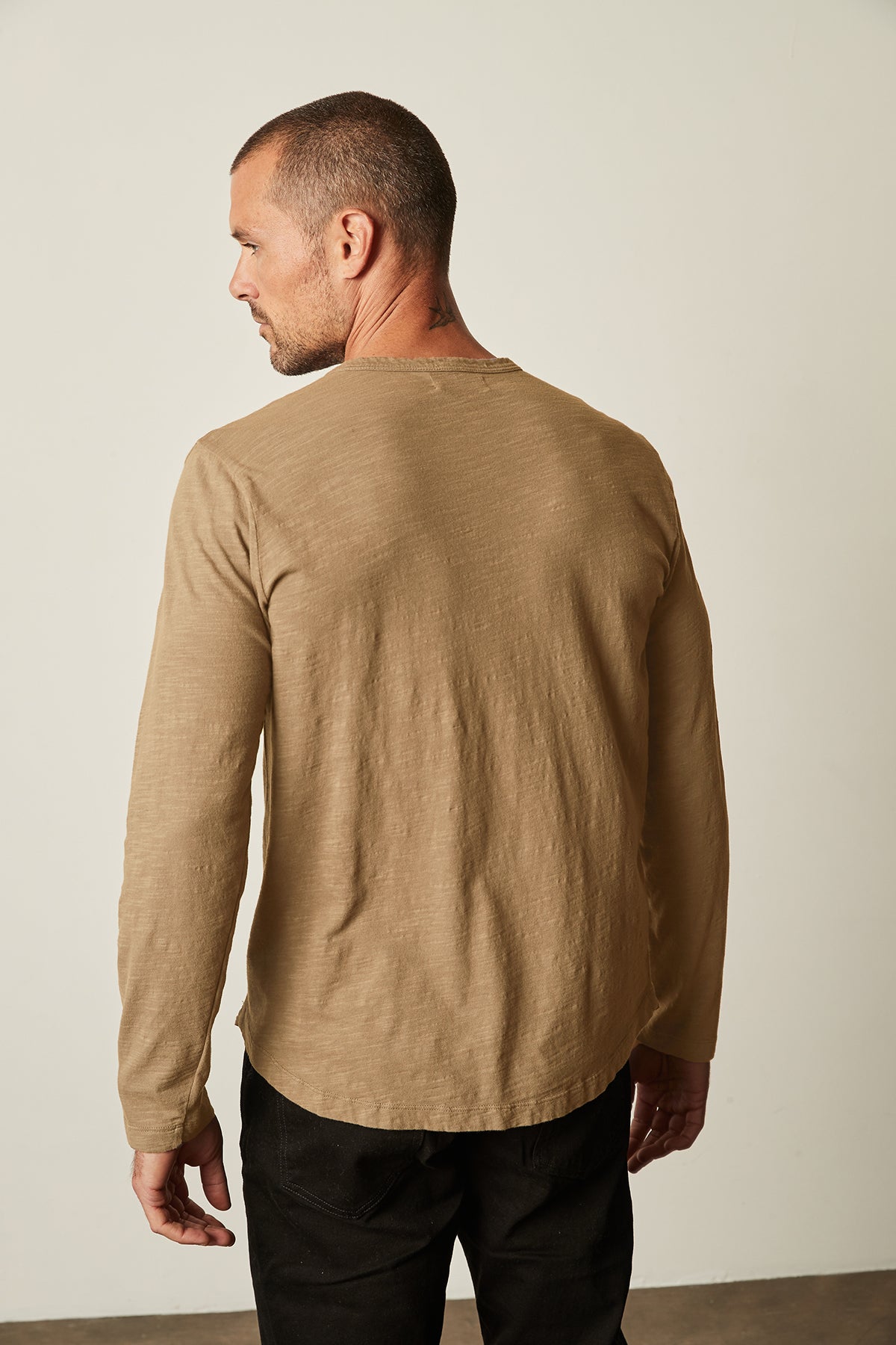 Kai Crew Neck Long Sleeve Tee in camel color with black denim back-26630571393217