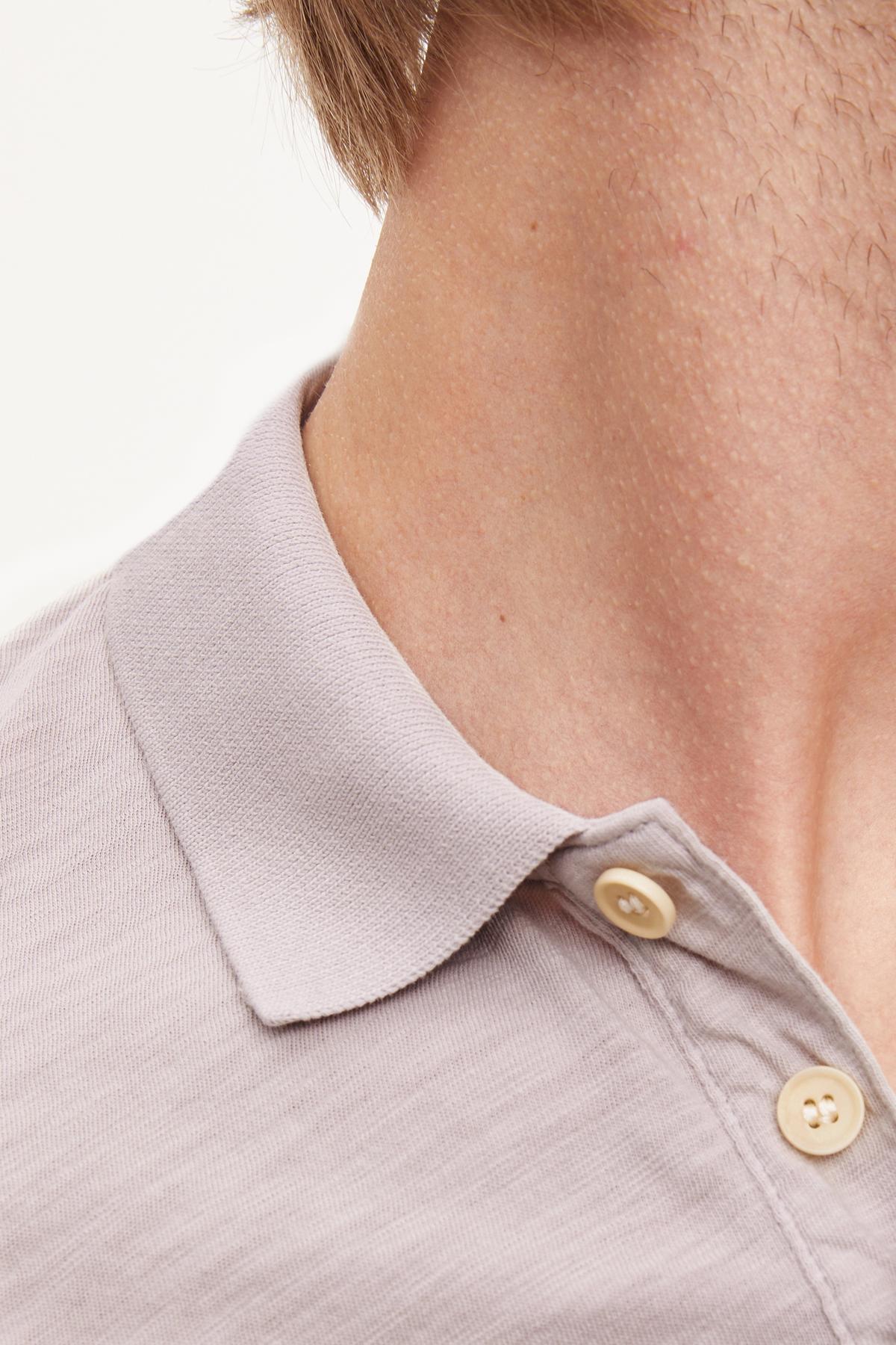A close up of a man wearing a grey NIKO POLO by Velvet by Graham & Spencer with a vintage-feel.-36009174106305