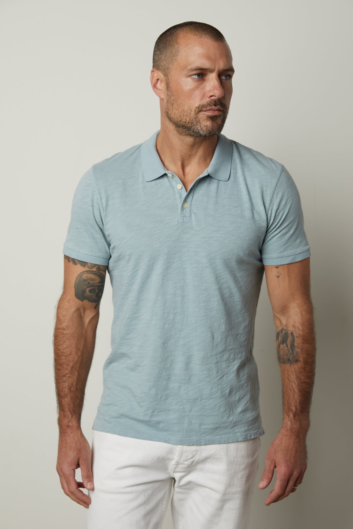 Niko Polo in Ojai Short Sleeve Collared Shirt with white pants front view -35783017922753