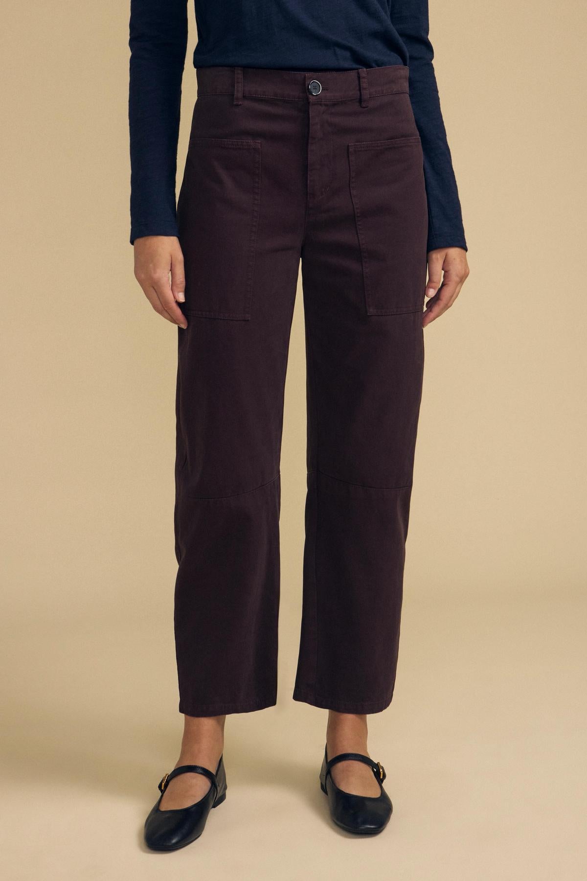 Velvet by Graham & Spencer BRYLIE PANT in dark brown cotton twill, styled as high-waisted barrel leg pants with utilitarian patch pockets.-46293978611905