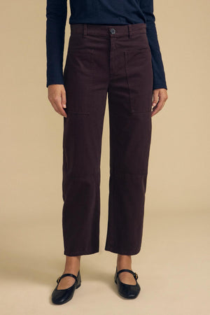Velvet by Graham & Spencer BRYLIE PANT in dark brown cotton twill, styled as high-waisted barrel leg pants with utilitarian patch pockets.