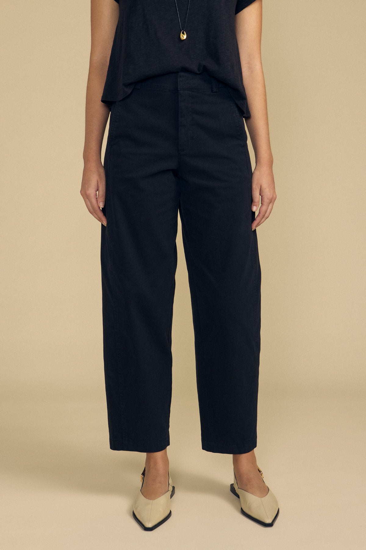 A person wearing the Velvet by Graham & Spencer TENLEY PANT—a pair of black high-waisted wide-leg pants—styled with a black top, a pendant necklace, and beige pointed-toe shoes, standing against a beige background.