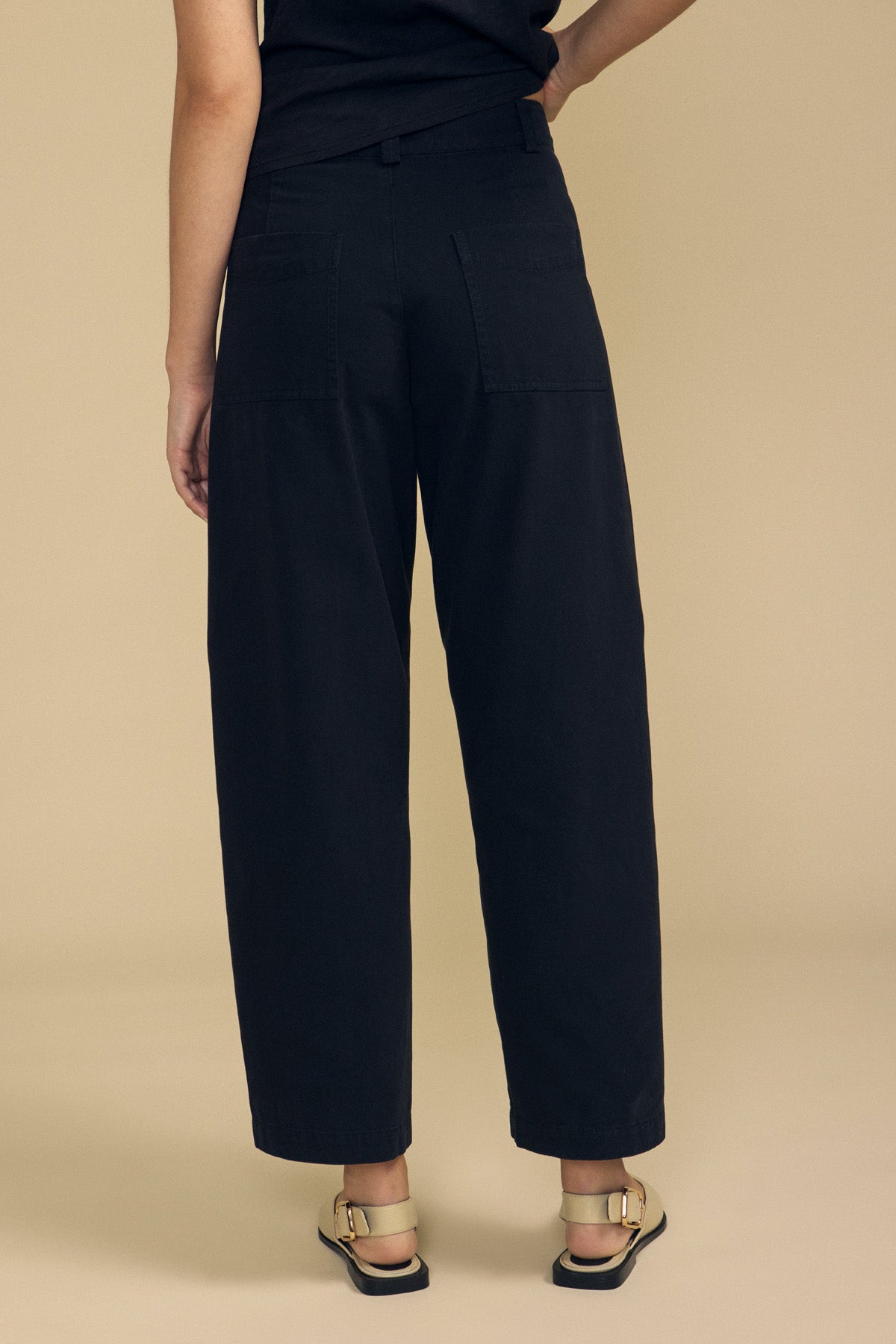 Wearing the Velvet by Graham & Spencer TENLEY PANT—a pair of black high-waisted, wide-leg pants—with a black top and beige sandals, this person stands on a beige background, facing away from the camera.