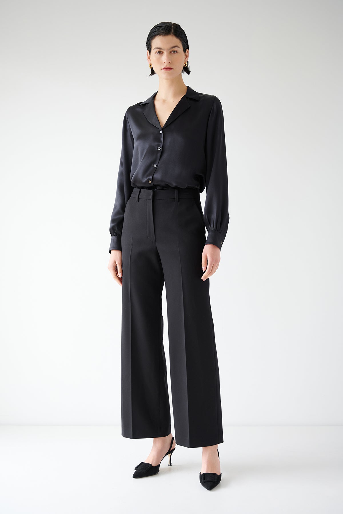   A woman wearing black wide leg PRINCE PANT with pleats and a blouse by Velvet by Jenny Graham. 
