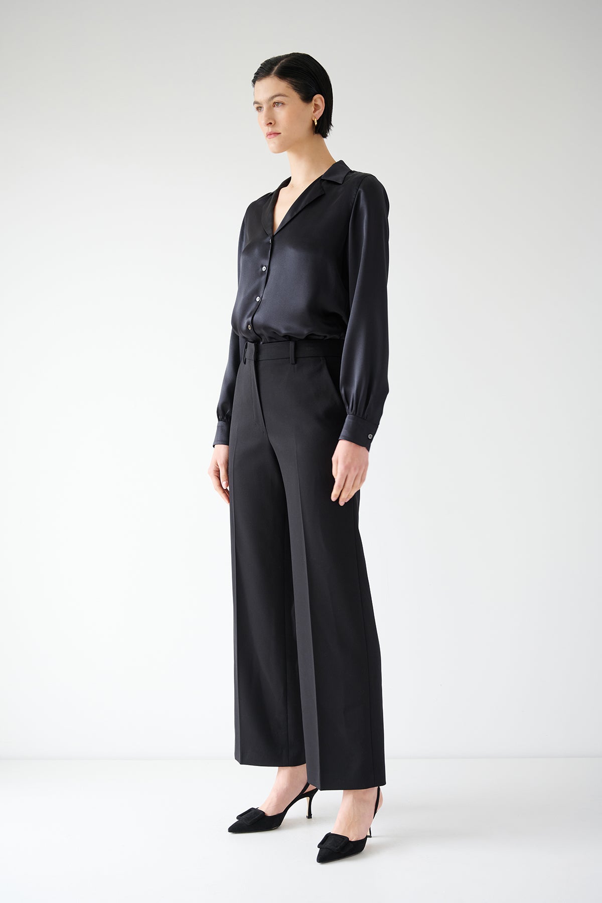   The model is wearing PRINCE PANT by Velvet by Jenny Graham, black straight-leg trousers with pleats, and a black blouse. 