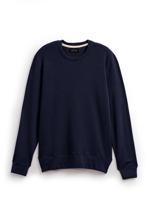 The SOREN PULLOVER, a luxurious fleece sweatshirt from Velvet by Graham & Spencer, features a plain black design with a crew neckline and long sleeves, displayed against a white background.