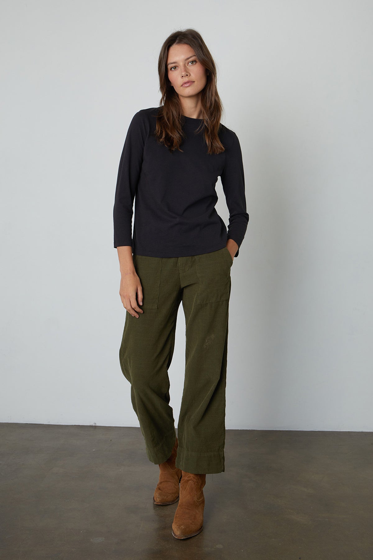 Vera Corduroy Wide Leg Pant in dark green dillweed with Quinny Tee in black front-26654355062977